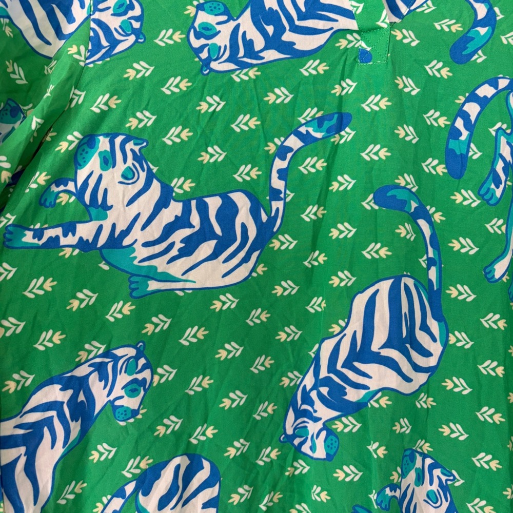 Top It Off Tiger Print Tunic Dress S/M Green Roll Tab Whimsical Animal Resort - Picture 3 of 7